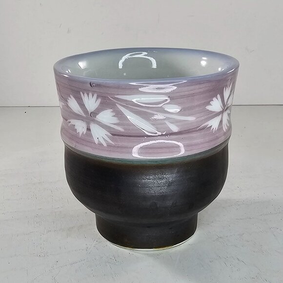 Japanese Style Ceramic Tea Cup Floral Design Purple Brown No Handle Coffee Mug - Picture 4 of 9